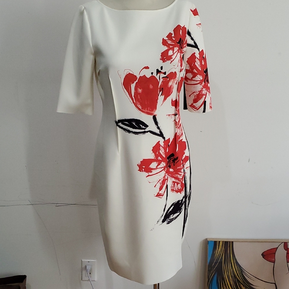 Ricki Freeman Teri Jon Scuba Dress Cream and Red Floral Long Sleeve Dress